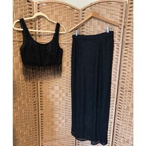 VTG Sean Collection 2 Pc Sequin Maxi Skirt/Cropped Tasseled Tank Top Black, MED